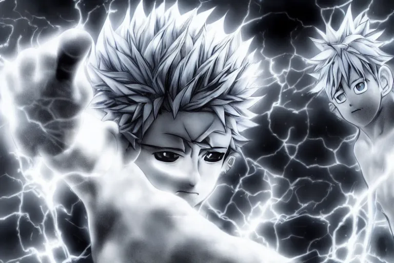 Image similar to killua lightning speed photography by david yarrow anime concept art jojo's bizarre adventure hirohito araki hyperrealistic live action raytracing