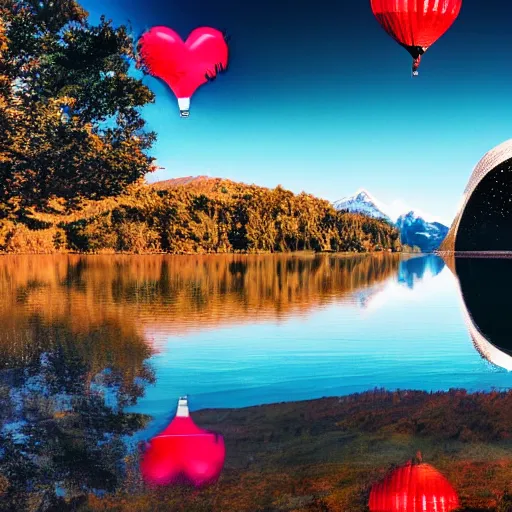 Image similar to photo of two black swans swimming in a beautiful reflective mountain lake, touching heads, forming a heart with their necks, a colorful hot air balloon is flying above the swans, hot air balloon, intricate, 8k highly professionally detailed, HDR, CGsociety