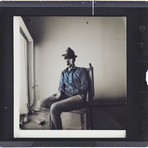 Image similar to a polaroid photo of man using a laptop inside in warehouse, he sitting on chair and small table, he's wearing blue cloth and construction hat behind him is a very scary monster, photo from behind, highly details, perfect face shape, cinematic lighting,