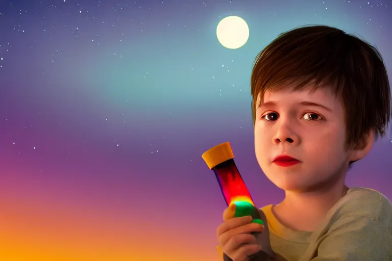 Prompt: portrait of a little boy holding lava lamp, photorealistic face and skin tones, dreamy moonlit nightscape by the garden, lake house, smooth, matte colors, trending on artstation, 4 k, 8 k