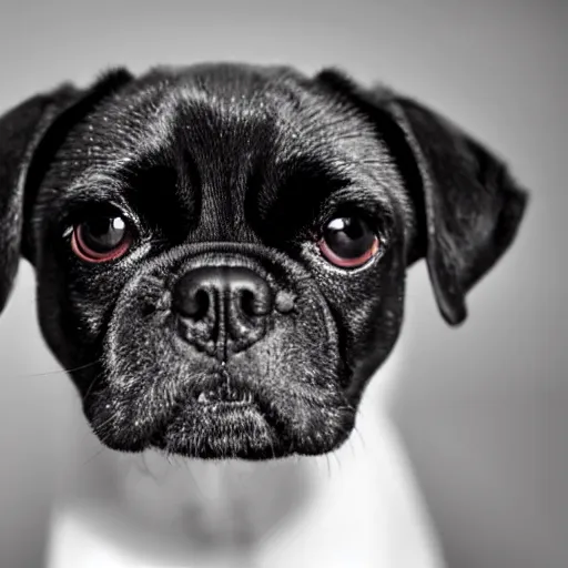 Prompt: a black pugalier looking straight in to the camera, symmetrical, macro photography, ambient light, perfect focus