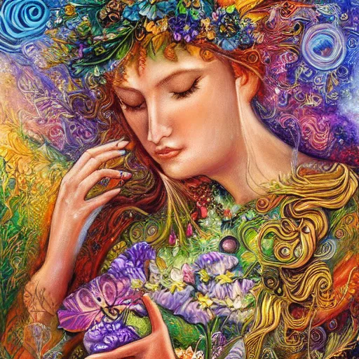 Image similar to a nature goddess checking her cell phone by josephine wall, acrylic on canvas, intricately detailed