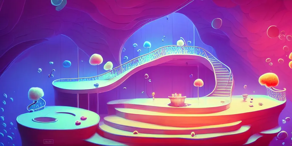 Prompt: minimalistic extreme wide angle curved perspective digital art of sss chubby cotton candy indoor casino, one staircase, with curly plants by anton fadeev, lorax movie, underwater smoke