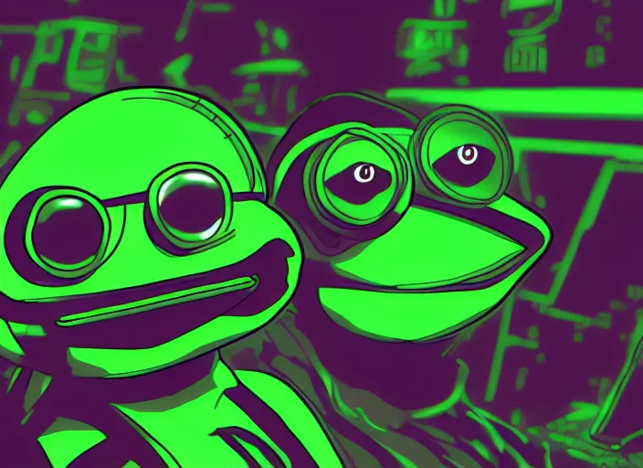 Image similar to futuristic pepe the frog, cyberpunk, vaporware, computers, dylan kowalski, marat zakirov, albert ramon puig, trending on artstation, 8 k