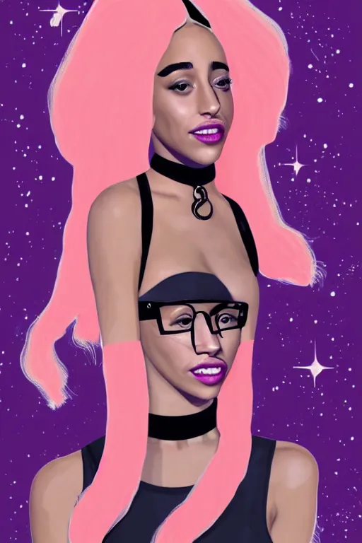 Image similar to paparazzi photo of Doja Cat on basketball court in outer space, beautiful beautiful beautiful beautiful beautiful beautiful beautiful digital art, a full body portrait, looking at camera, D&D, choker on neck, stylish, very long flowing hair, intricate, elegant, stylish, cute slightly nerdy smile, mouth slightly open, fantasy, extremely detailed, digital painting, artstation, concept art, smooth, sharp focus, illustration, stunning lighting, art by artgerm and greg rutkowski and alphonse mucha and simon stalenhag