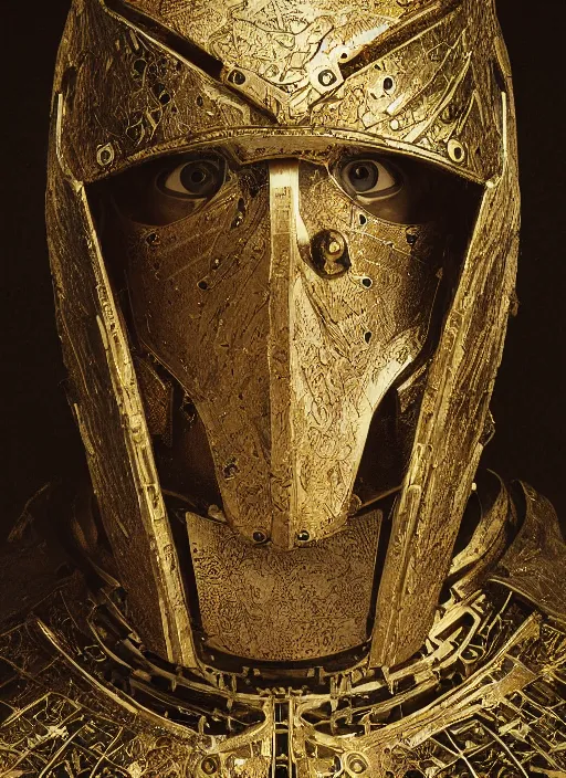 Image similar to portrait of king arthur knight cyborg, kintsugi, modern fine art, fractal, intricate, elegant, highly detailed, digital photography, subsurface scattering, by jheronimus bosch and frank miller and greg rutkowski,