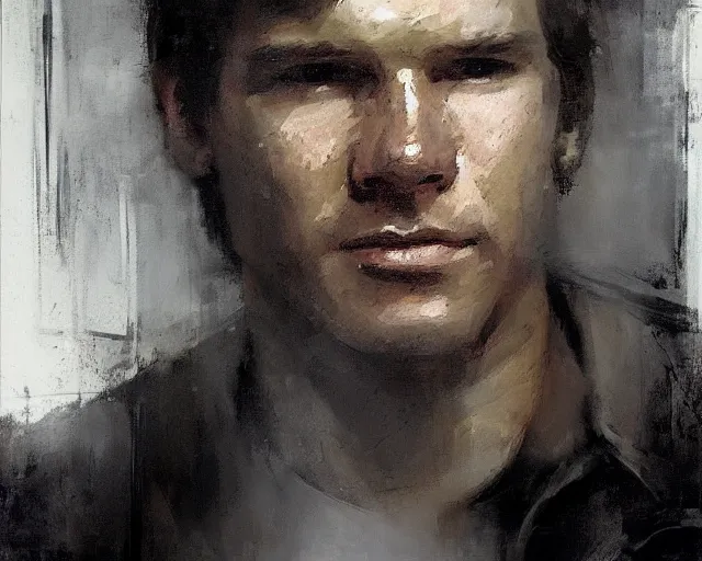 Image similar to portrait of young han solo young harrison ford in shades of grey but with brown by jeremy mann