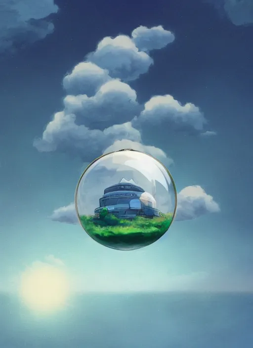 Image similar to an asymmetrical cell - shaded studio ghibli concept art study of a huge silver cube ufo inside a transparent bubble in the sky. wide shot, very dull colors, hd, 4 k, hq