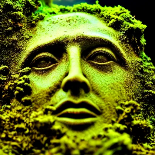 Prompt: Nicolas Cage underwater mossy old statue, ruins, photo, dark, kelp and moss all over, bottom of ocean, deep ocean, bottom of ocean, dark, 35mm, fish, underwater landscape, 4k, detailed, photorealistic, photo, Atlantis, underwater camera, fish, fish, fish