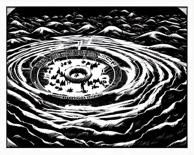 Prompt: impressive hellish hell hell circle of hell landscape, beautiful line art, ink illustration, pure b&w, white frame