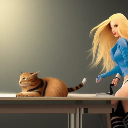Image similar to Gamergirl with blond hair with cat on desk, hyperdetailed, artstation, cgsociety, 8k