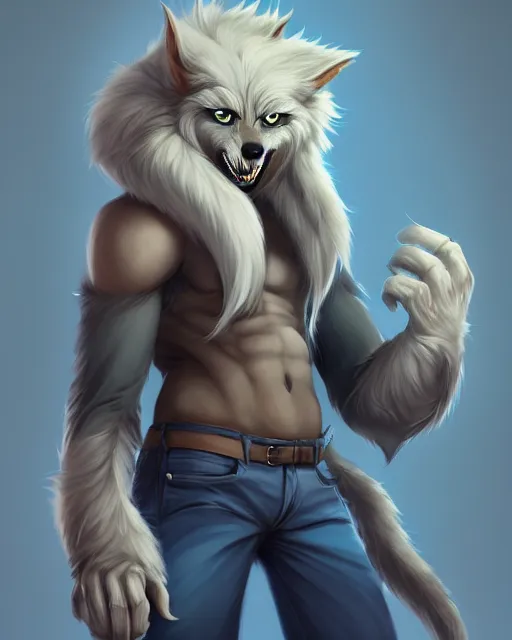 Image similar to character concept art, cute adult male anthropomorphic furry, cute fine face, darkblue werewolf, pants, pretty face, key visual, long human lightblue hair, realistic shaded furry face, fine details by stanley artgerm lau, wlop, rossdraws, james jean, andrei riabovitchev, marc simonetti, and sakimichan