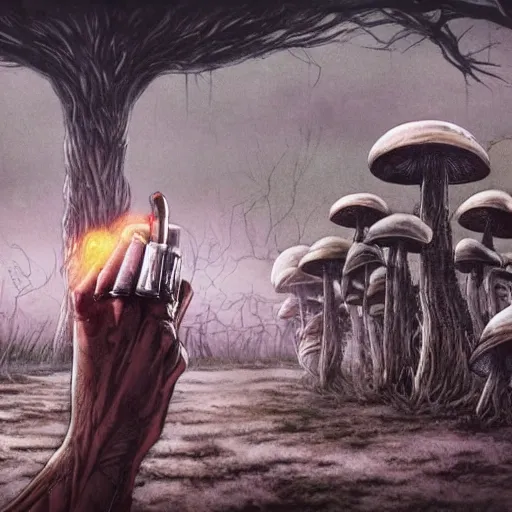 Prompt: 4 k headshot portrait of a psychedelic demonic anthropomorphic wendigo smoking a hand - rolled cigarette smoking heavily, magic mushroom village in background. award winning. superb resolution. in the art style of junji ito and greg rutkowski. detailed mushroom city in background. hyper realistic anime. perfect art. dalle 2