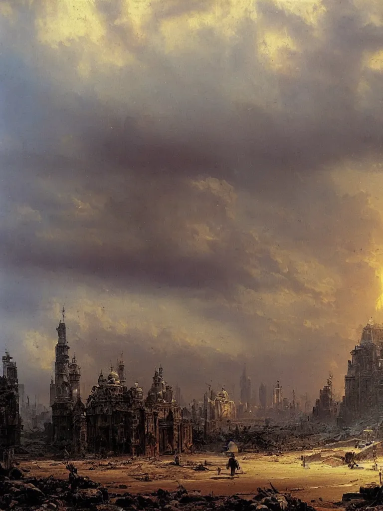 Image similar to post apocalyptic city by ivan shishkin and aivazovsky, oil on canvas, highly detailed, masterpiece