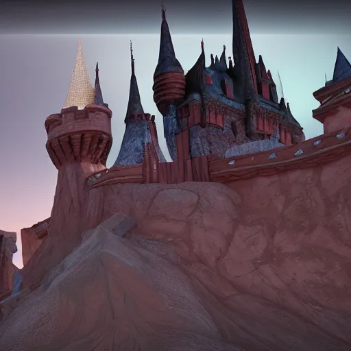 Image similar to the disney castle built on the mars, dark sky, fantasy, unreal engine