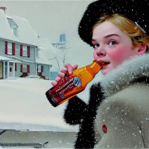 Image similar to Elle Fanning drinking a bottle of soda in the snow, by Norman Rockwell, Extremely detailed. 8K. Award winning.