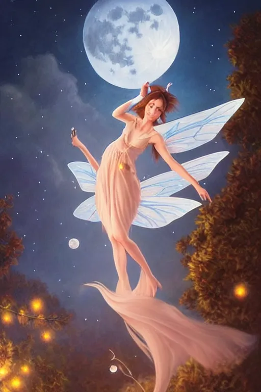 Image similar to attractive fairy magically floating high in the night, fantasy, full moon in background. highly detailed painting by artgerm, mid shot, 8 k