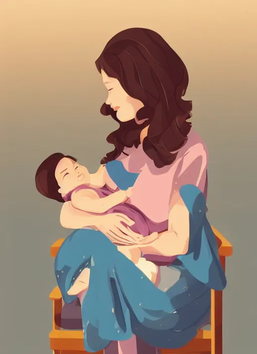 Image similar to a mother with short wavy curly light brown hair is sitting in a chair cradling a newborn baby. clean cel shaded vector art. shutterstock. behance hd by lois van baarle, artgerm, helen huang, by makoto shinkai and ilya kuvshinov, rossdraws, illustration, art by ilya kuvshinov