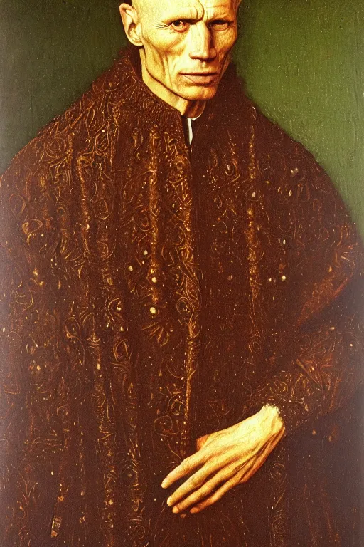 Prompt: portrait of ed harris, oil painting by jan van eyck, northern renaissance art, oil on canvas, wet - on - wet technique, realistic, expressive emotions, intricate textures, illusionistic detail