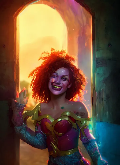 Image similar to an epic fantasy comic book style portrait painting of a girl wearing colorful makeup with a smile and curly brown hair stepping out of a doorway with light shining behind her, unreal 5, daz, hyperrealistic, octane render, cosplay, rpg portrait, dynamic lighting