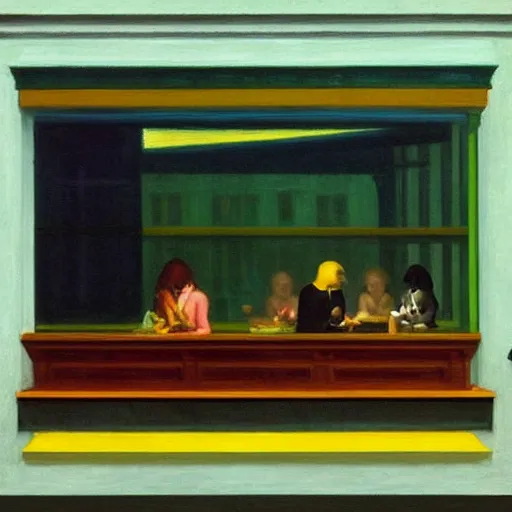 Image similar to “ nighthawks by edward hopper, but with dogs in the cafe.