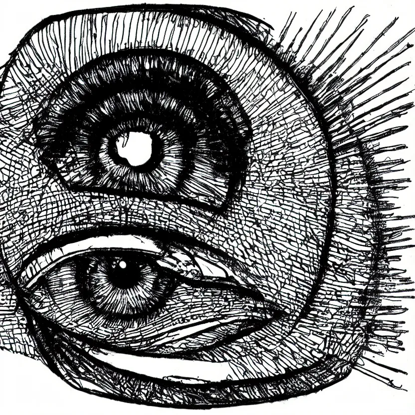 Image similar to art nouveau drawing of a complex cybernetic eye, business logo