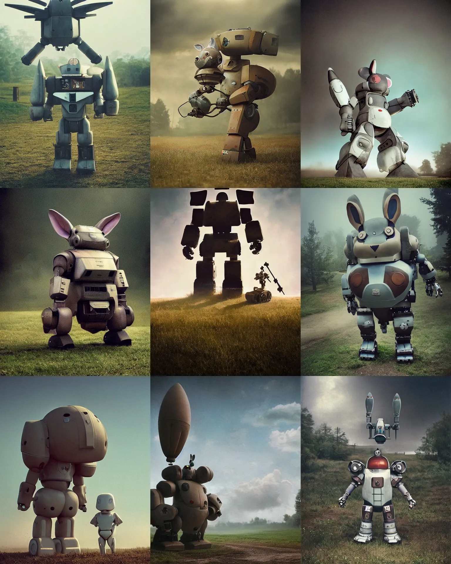 Prompt: giant oversized battle rabbit robot chubby mech baby with big ears and giant oversized rocket!!! on a village, full body , Cinematic focus, Polaroid photo, vintage , sharp focus ,neutral colors, soft lights, foggy mist , by gregory crewdson!!!