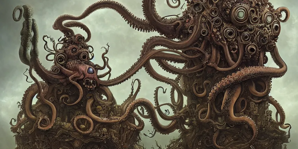 Prompt: biomechanical creature with big octopus head guarding an ancient chest in a mystic forest, gothic and baroque, brutalist architecture, ultradetailed, Intricate by Ellen Jewett and Josan Gonzalez and Giuseppe Arcimboldo