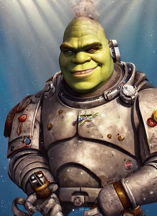 Image similar to underwater portrait of shrek as the space marine, apocalypse, naturel, hyper detailed, digital art, trending in artstation, cinematic lighting, studio quality, smooth render, unreal engine 5 rendered, octane rendered, art style by klimt and nixeu and ian sprigger and wlop and krenz cushart.