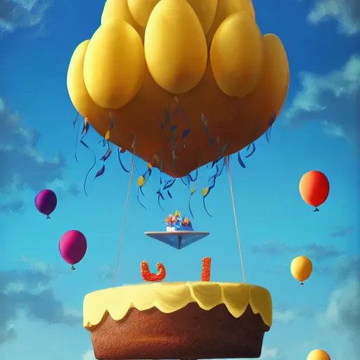 Prompt: a giant floating cake suspended to plenty of floating birthday balloons. beautiful landscape. digital art, highly - detailed, artstation cgsociety masterpiece