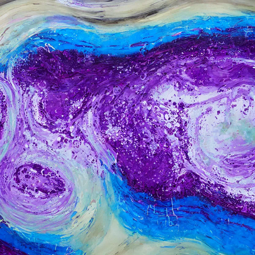 Image similar to abstract multiple layers of purple and blue shades paint dripping and running in multiple circular patterns, oil on canvas, detailed