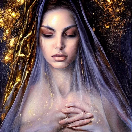 Prompt: beautiful gorgeous pristine spanish Goddess of life with a veil, dark Goddess of artificial intelligence creating an artificial neural network with gold synapses on an anvil with her scythe, high resolution, award winning art, trending on art station, sharp image, incredibly detailed, detailed character, realistic painting, hyper-realistic painting, coherent painting, master piece by ramon y cajal