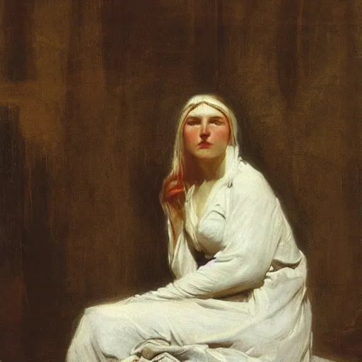 Image similar to vivid by edwin henry landseer. a beautiful conceptual art. her cell is as bare as mine. she is sitting in the middle, hugging her knees, wrapped in a toga - like garment.