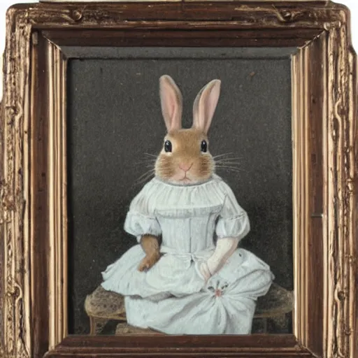 Prompt: a victorian portrait of a rabbit wearing a white dress