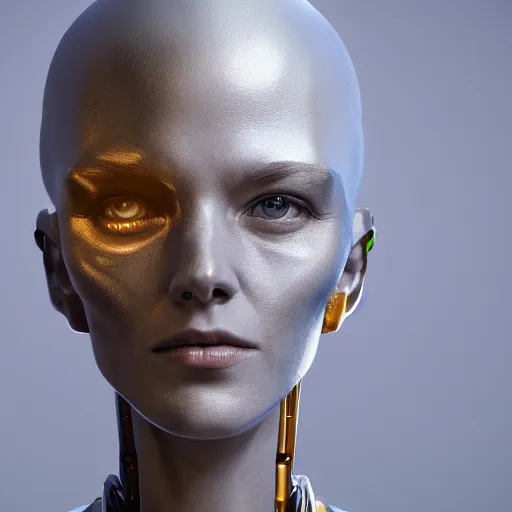 Prompt: centered portrait of a robot, sci fi character concept, science fiction, futuristic, medium shot, symmetrical face, elegant pose, illustration, slender, cinematic lighting, hyperdetailed, cgsociety, 8k, high resolution, single face, insanely detailed and intricate, octane render, golden ratio, vfx, postprocessing,