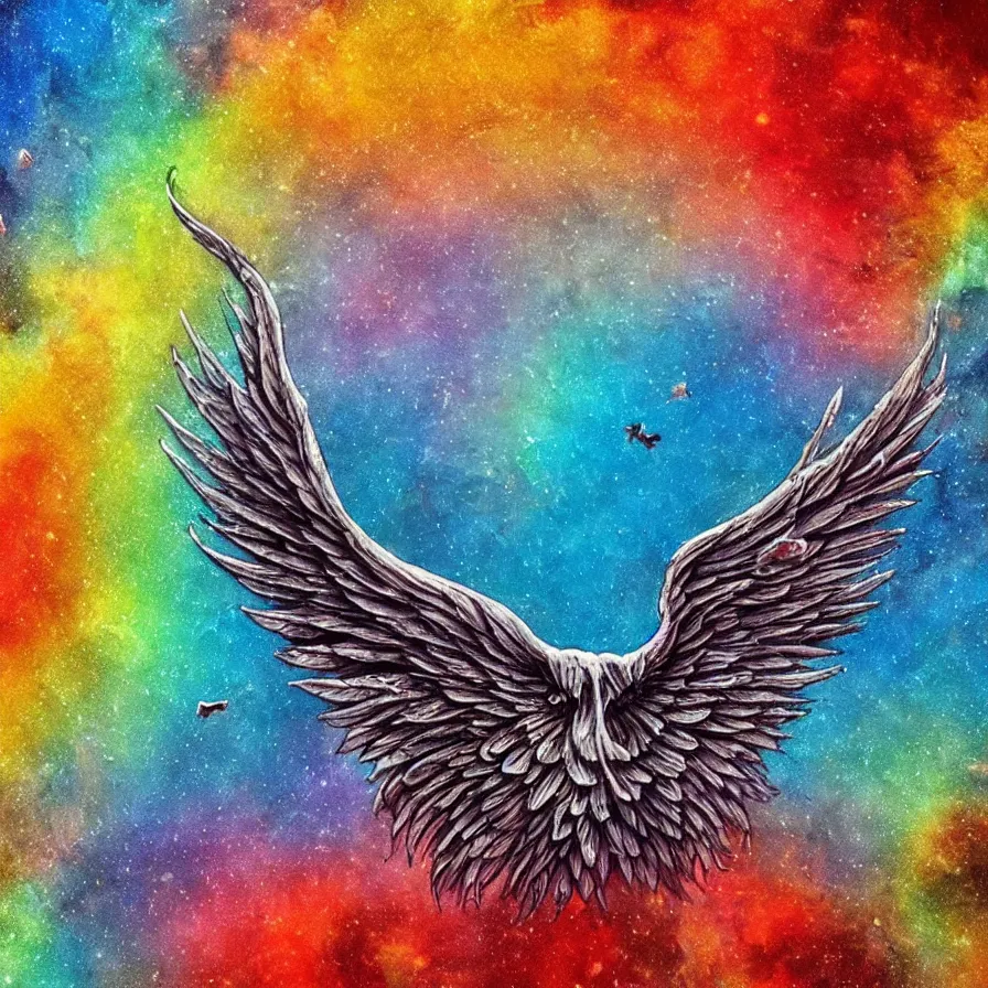 Prompt: dying grey demon with huge wide angel wings laying in beautiful summer flowers in amazing serene landscape in sun rays All the flowers around me are blooming. Lovely . Red burning meteor falling on background. Rainbow. Raining. Starts falling. Incredible colors. Hyperdetailed. Autumn color scheme.