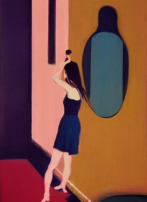 Image similar to a beautiful muse captivatingly dreaming and brushing her hair in front of a mirror made of existential void, the girl from the Ring crawling, in style of John Singer Sargant, Ilya Kuvshinov and Edward Hopper with eerie colors of Mark Rothko, highly detailed