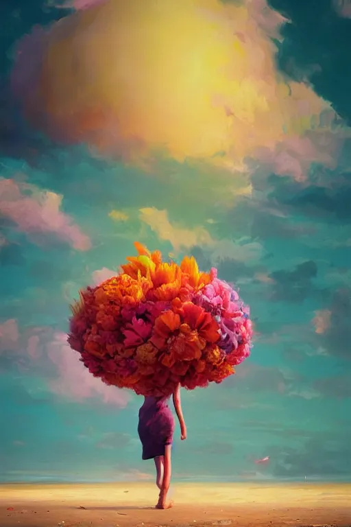 Image similar to giant flower head, girl walking on a beach, surreal photography, sunrise, dramatic light, impressionist painting, colorful clouds, digital painting, artstation, simon stalenhag