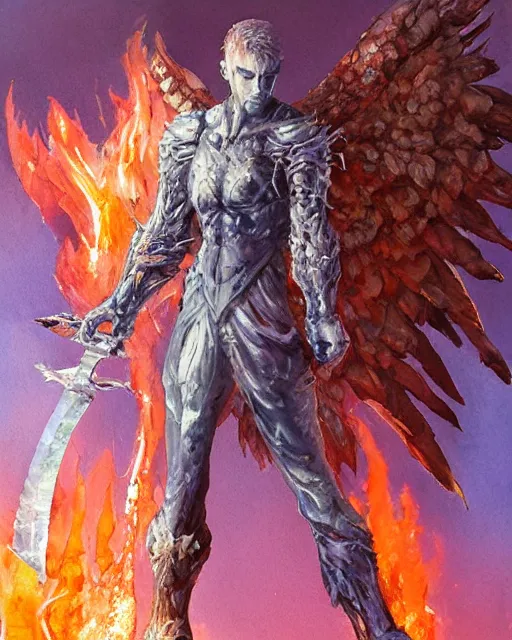 Prompt: a oil / watercolor painting full body character portrait of a fallen angel wielding a jagged firey sword made of ice in the style of moebius in the style of leonard boyarsky trending on artstation deviantart pinterest detailed photorealistic highlights and shadow hd 8 k post - processing high resolution