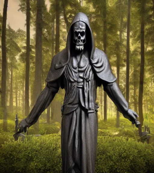 Prompt: weeping grim reaper statue in graveyard surrounded by beautiful forest, grainy film photo, cgsociety, octane render, trending on artstation, artstationHD, artstationHQ, unreal engine, 4k, 8k