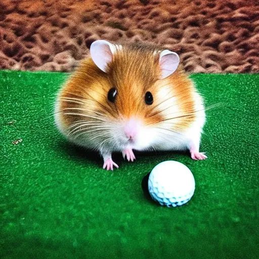 Image similar to “ hamster coming out of a golf hole, golf flag next to the hole ”