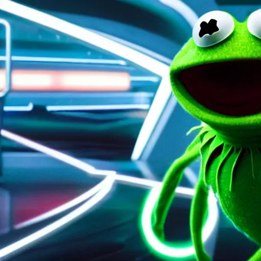 Image similar to a still from Tron:Legacy with kermit the frog in a disc battle