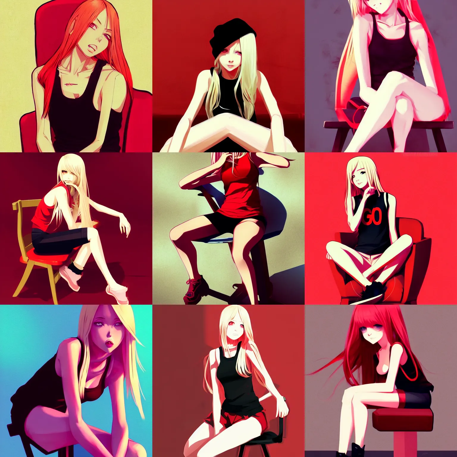 Prompt: sexy girl with long blonde hair, wearing a sexy tanktop, sitting in a chair, red and black color palette, in the style of and ilya kuvshinov and greg rutkowski, high quality anime artstyle, intricate