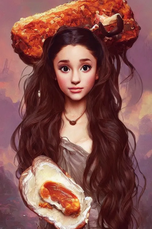 Image similar to beautiful cottagecore Ariana Grande holding a rotten chunk of meat. intricate, elegant. the background is zombies !. highly detailed, digital painting, artstation, concept art, smooth, sharp, focus, illustration. . art by artgerm and greg rutkowski and alphonse mucha