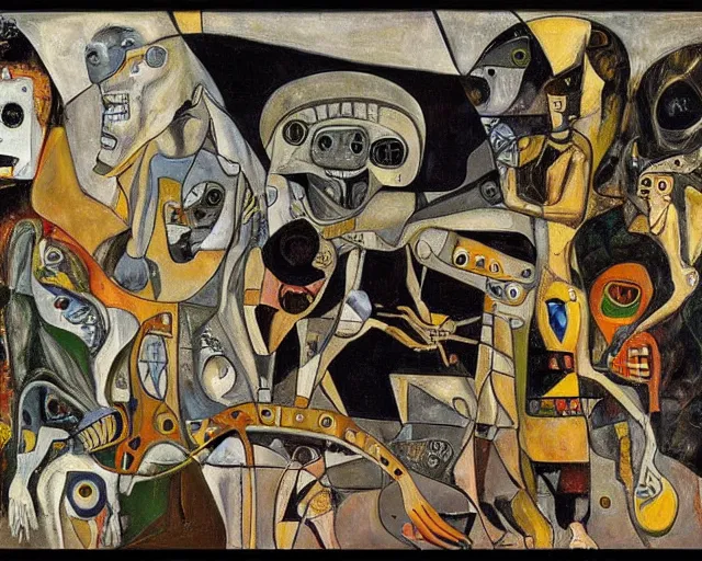 Image similar to a painting of guernica with aliens and robots by graham sutherland, egon schiele, gustav klimt, neo - expressionism