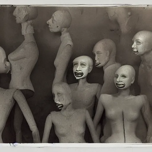 Image similar to a manikin party, wax manikin heads, smiling, photograph, style of atget, nightmare, concept art, creepy