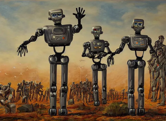 Image similar to very detailed painting humanoid robot army propaganda dictator convincing other robots of overthrowing humans