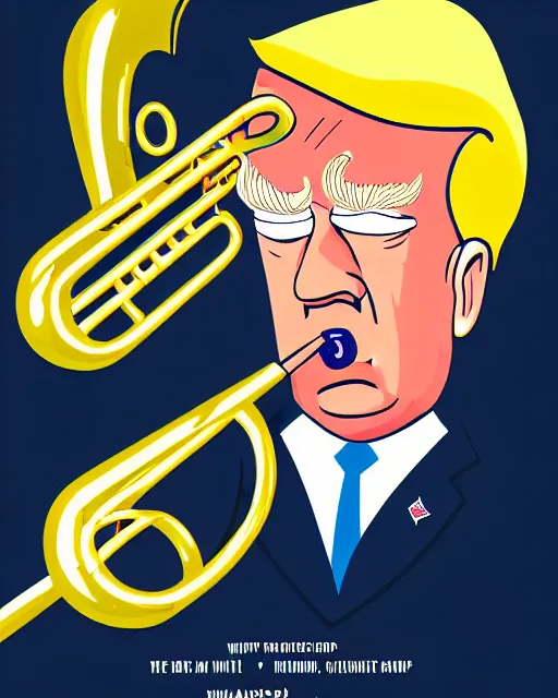 Image similar to painting portrait of trump with trumpet hair, cartoon, warm lighting, trump has hair as a trumpet, trumps hair is coming out as trumpet. movie poster, illustration by bartek fedyczak, erak note, tooth wu, neil richards, kan liu, siwoo kim, jisu choe, trending on art station