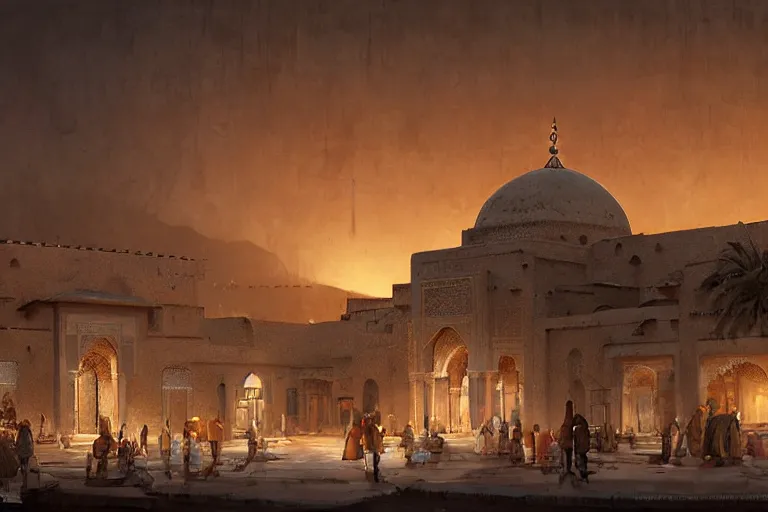 Image similar to Huge Persian white temple in a plaza, round roof. At night low angle in the middle of a adobe house kasbah town, mud and brick houses, merchant street, pueblo dense architecture, colorful crowd. Scenic view at night, underexposed, clean horizon, matte painting by craig mullins and dan mumford, dark fantasy, style of game of thrones, concept art trending on artstation, 4k, insane details