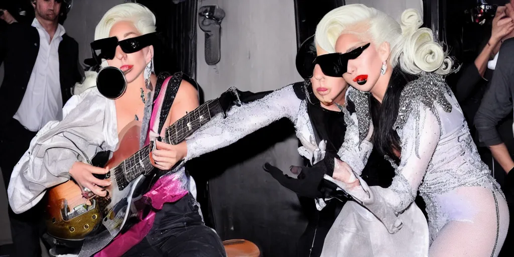 Prompt: lady gaga hits paparazzi with a guitar